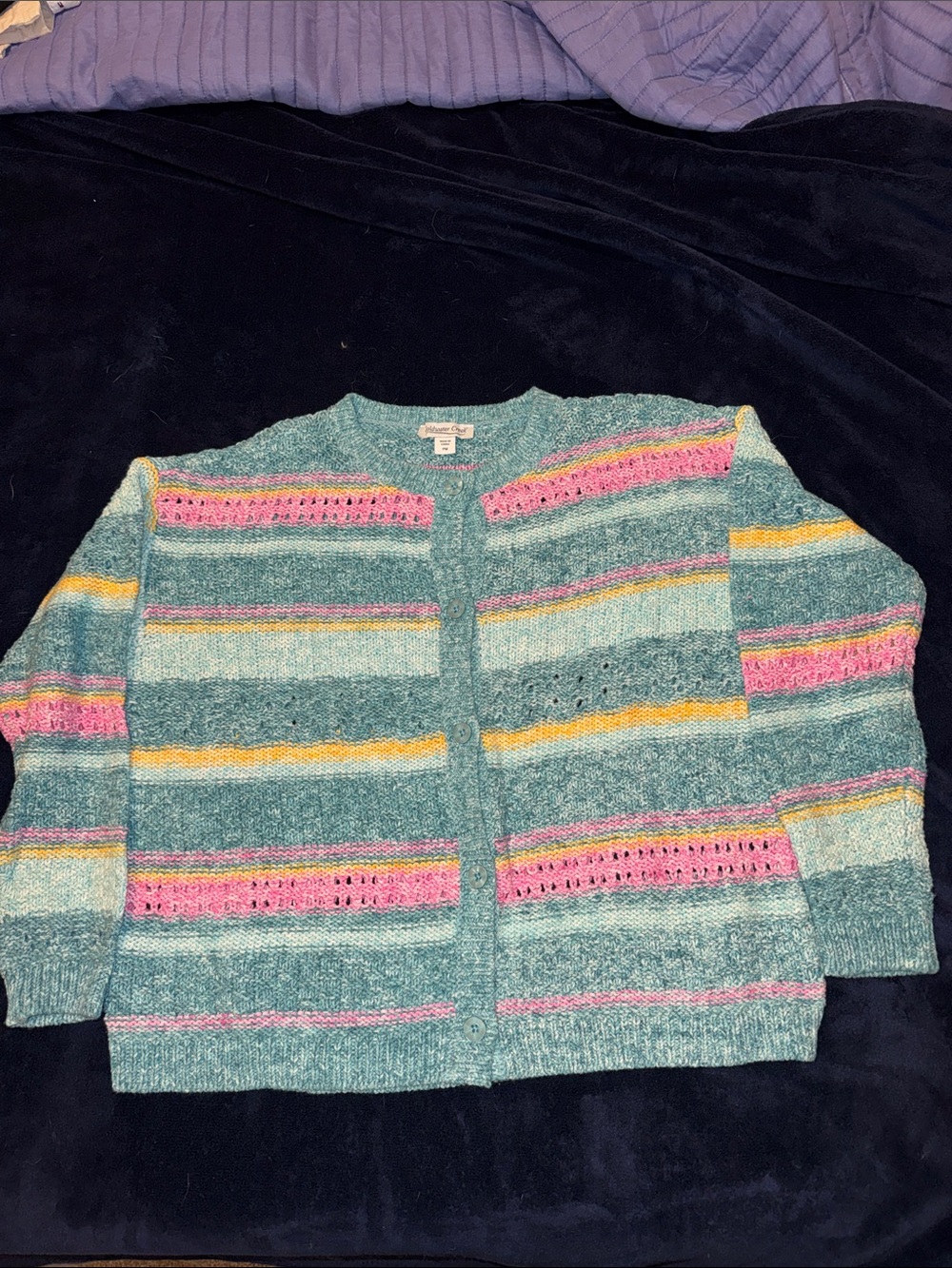 Coldwater Creek Teal Striped Button-Front Cardigan with Pink, and Yellow Accents